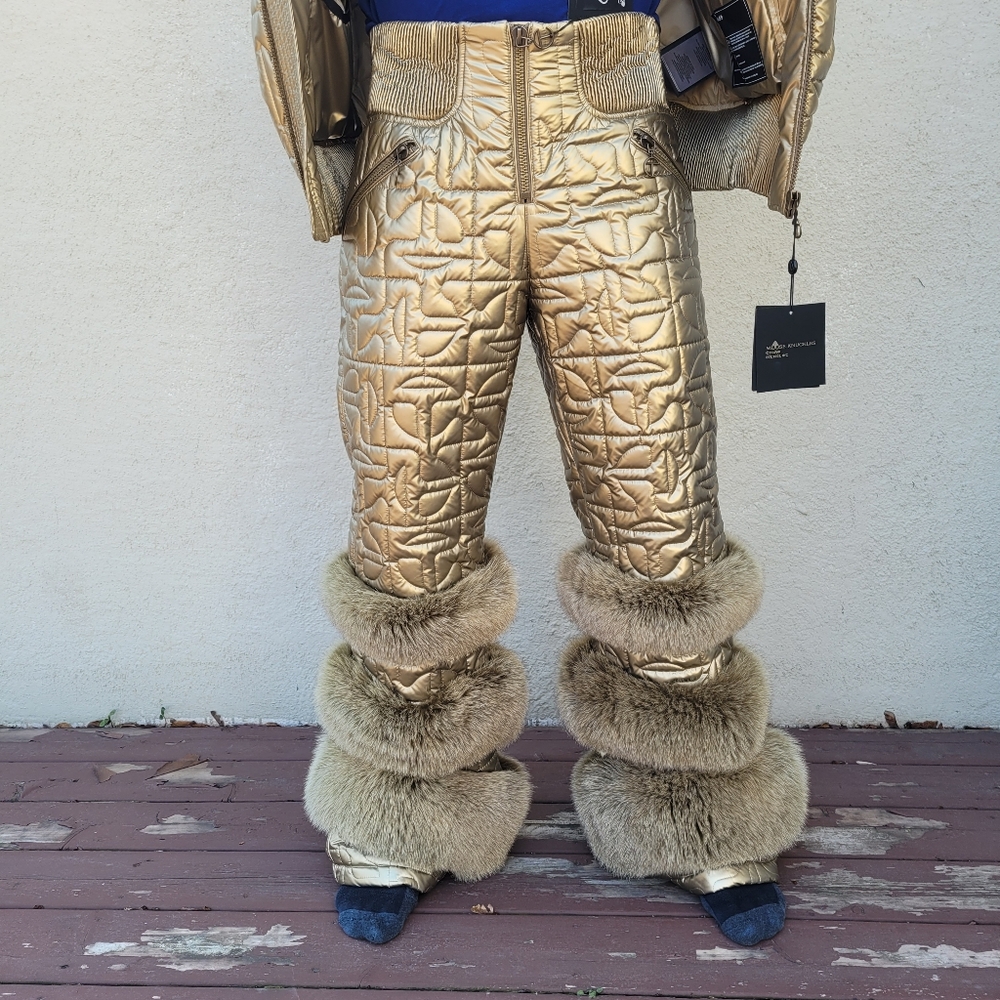 Moose Knuckles Metallic Gold Quilted Ski Pants with Fur Trim - Picture 5 of 13